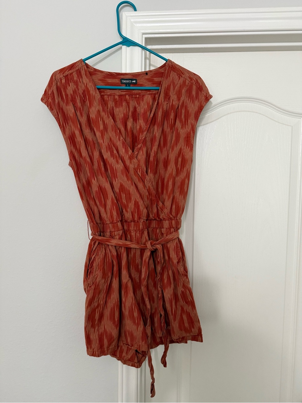 Toad&Co Rust Orange Printed Mini Wrap Romper